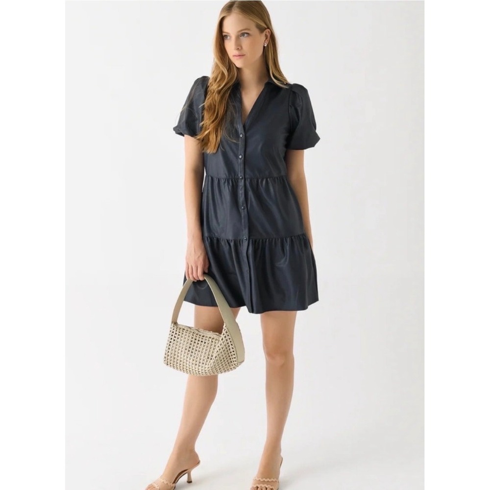 Brochu Walker Havana Vegan Leather Mini Dress Black Puff Sleeve Tiered M $498